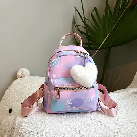 Women Girls Mini Backpack Gradient Tie Dye Nylon Small School Bag With Heart Plush Pendant Heart Star Printed Fashion Casual Daypack