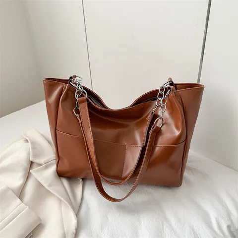 Bolso Tote de Cuero PU de Gran Capacidad para Mujer Bolso de Hombro Retro con Costuras y Cadena de Metal