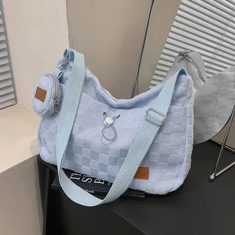 Borsa Tote da Donna in Tela a Scacchiera di Grande Capacità Con Portamonete Rotondo Tracolla Larga Regolabile Casual