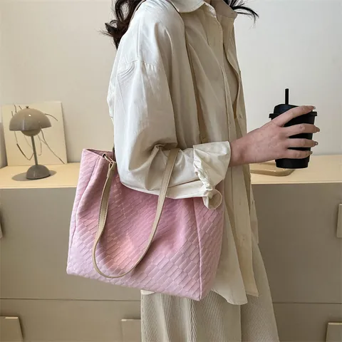 Women's Fashion Corduroy Tote Bag Large Capacity Textured Waffle Weave Shoulder Bag With Faux Leather Straps Casual Handbag