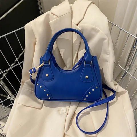 Women PU Leather Half-Moon Handbag Vintage Gold Rivet Shoulder Crossbody Bag Fashion Streetwear Underarm Bag Daily Purse