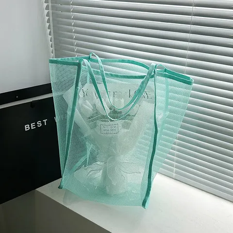 Bolso de Mano de Malla Transparente de Gran Capacidad para Mujer Moda Ligero Bolso de Compras Hueco Bolso de Hombro de Playa