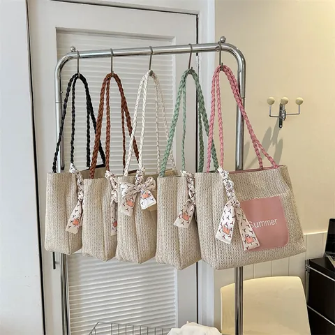 Women Summer Straw Woven Tote Bag Large Capacity Casual Shoulder Bag With Letter Patch Decorative Scarf Vacation Beach Handbag