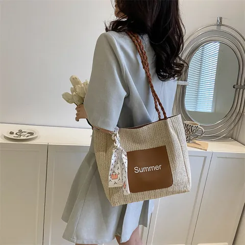 Women Summer Straw Woven Tote Bag Large Capacity Casual Shoulder Bag With Letter Patch Decorative Scarf Vacation Beach Handbag