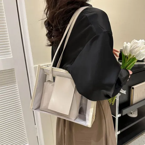 Fashion Transparent PVC Tote Bag With Inner Pouch Women Large Capacity Waterproof Shoulder Bag Casual Jelly Bag Handbag