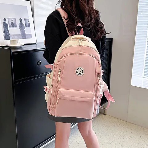 Große Kapazität Oxford Stoff Rucksack Damen Color Block Smiley Gesicht Schultasche Lässig Reise Rucksack Für Studenten