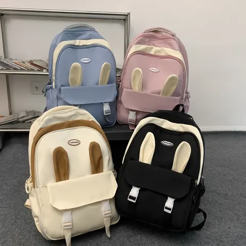 Cute Rabbit Ears Nylon Backpack Large Capacity Schoolbag For Junior Senior High School Students Women Casual Travel Daypack