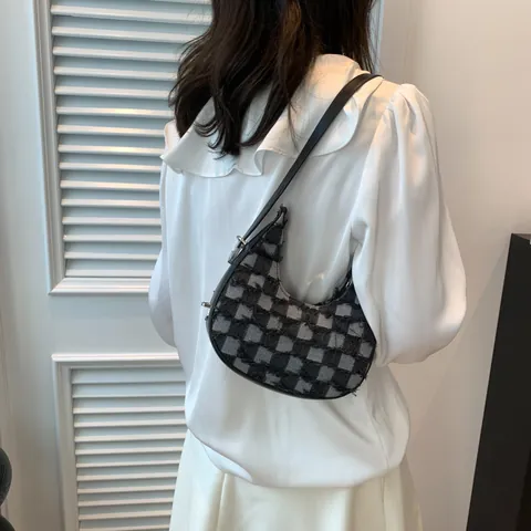 Checkerboard Denim PU Leather Crescent Shoulder Bag For Women Frayed Edge Distressed Underarm Bag Street Trend Hobo Bag