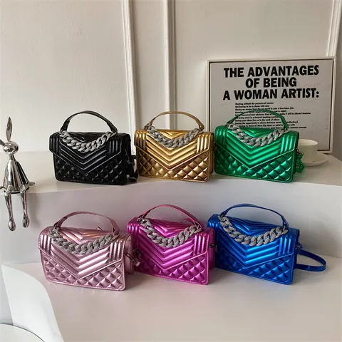 Women Metallic Quilted Crossbody Bag Fashion Rhombus Chain Shoulder Bag With Magnetic Clasp Small Square Tote Handbag For Daily Party