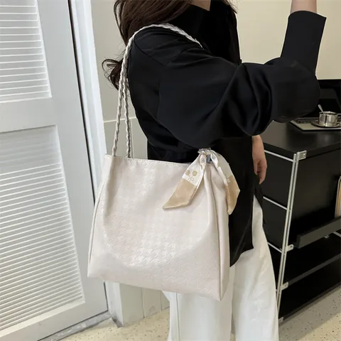 Grand Sac Cabas Femme en Cuir PU Avec Poignée Tressée et Écharpe Imprimée Sac à Épaule Pied-de-poule Mode pour Trajet