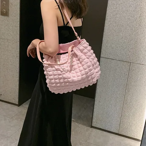 Women Large Capacity Bubble Texture Pleated Tote Bag With Artificial Pearl Chain Decor Canvas Commuter Shoulder Bag Korean Style