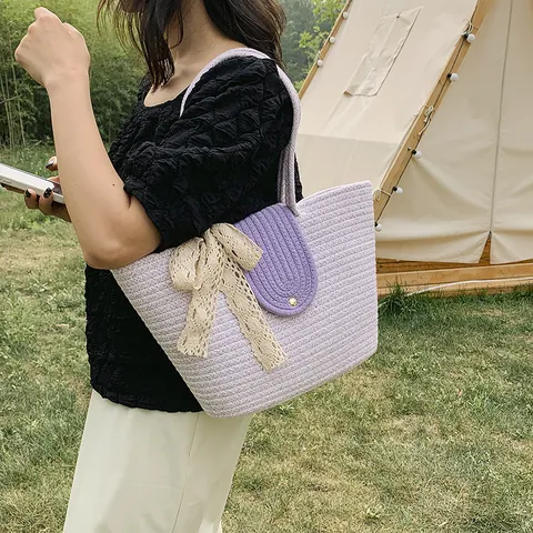 Große Kapazität Stroh Tragetasche Für Damen Strand Urlaub Stil Eimer Handtasche Mit Spitze Schleife Band