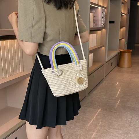 Damen Mode Regenbogen Griff Gänseblümchen Gewebte Eimertasche Handgefertigte Stroh Schulter Umhängetasche Für Sommerurlaub Alltag