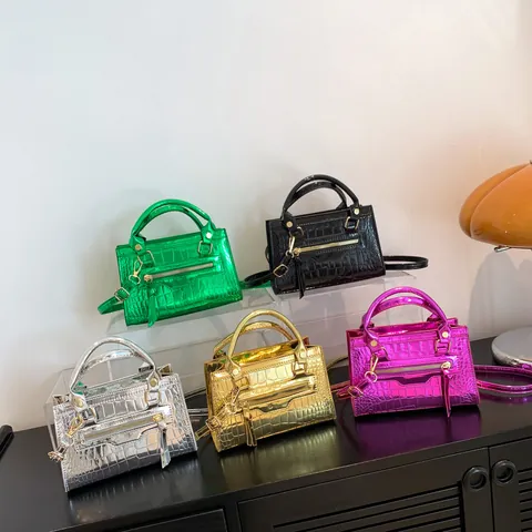 Sac à Main Métallisé Motif Crocodile Femme Petit Sac Carré Double Poignée Fourre-tout Avec Bandoulière Sac à Bandoulière