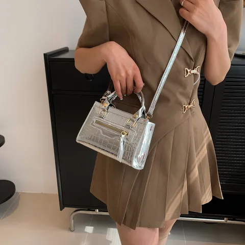 Sac à Main Métallisé Motif Crocodile Femme Petit Sac Carré Double Poignée Fourre-tout Avec Bandoulière Sac à Bandoulière