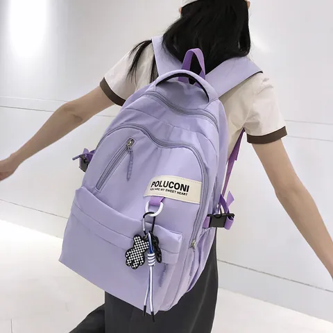 Large Capacity Nylon School Backpack For Women College Style Solid Color Travel Bag With Bear Pendant Multi Pocket Student Backpack