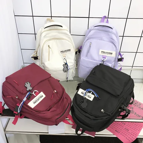 Large Capacity Nylon School Backpack For Women College Style Solid Color Travel Bag With Bear Pendant Multi Pocket Student Backpack