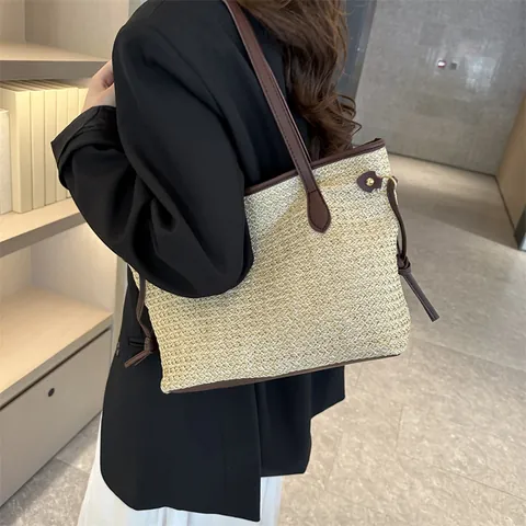 Damen Stroh Gewebte Tragetasche Mit Großer Kapazität Und PU Lederbesatz Sommer Strand Urlaub Einkaufen Pendeln Schultertasche Mode Handtasche