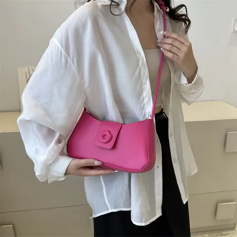 Borsa Sottobraccio in Pelle PU da Donna Minimalista Fibbia Rotonda Piccola Borsa a Tracolla Quadrata con Nodo Tinta Unita