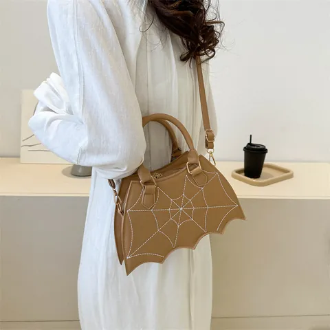 Women Gothic Bat Wing Handbag PU Leather Spider Web Embroidery Crossbody Shoulder Bag For Halloween Party Fashion Gift