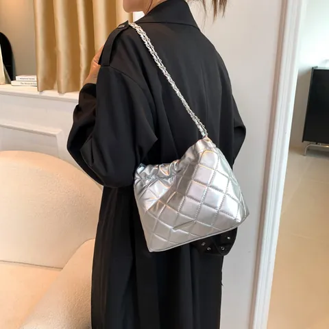 Women Quilted Rhombic PU Leather Bucket Bag With Metal Chain Strap Drawstring Pleated Shoulder Crossbody Bag Fashion Handbag