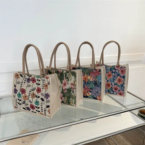 Vintage Floral Canvas Tote Bag Large Capacity Jute Texture Shoulder Bag For Women Casual Commuting Handbag Printed Shopper Bag