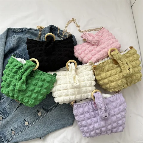 Sac à Épaule Femme Texture Bulle Avec Poignée en Bois Bandoulière Chaîne Métal Tissu Popcorn Sac à Main à Carreaux Décontracté