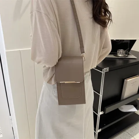 Damen Mode PU Leder Handytasche Minimalistisch Einfarbig Kleine Umhängetasche Mit Goldener Metallstange Für Den Alltag