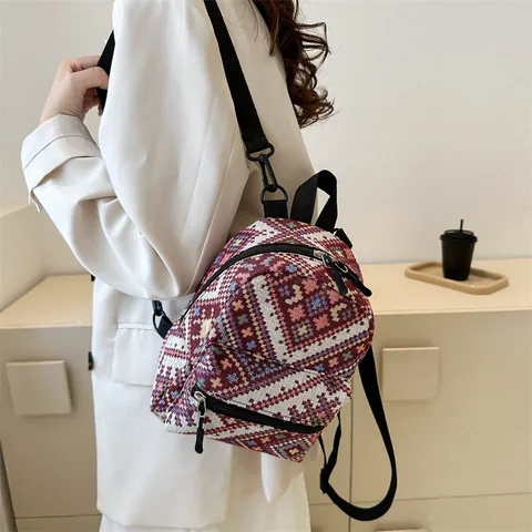 Women Vintage Ethnic Geometric Backpack Bohemian Jacquard Canvas Travel Mini Bag For Daily Vacation Casual Lady Backpack