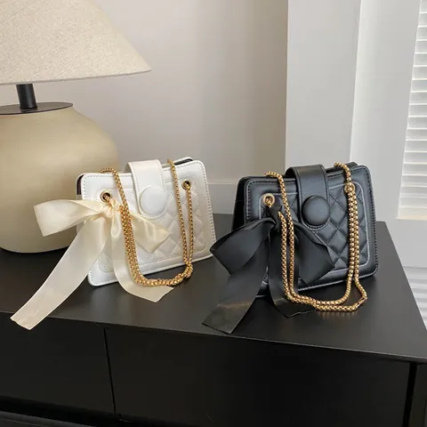 Women Quilted PU Leather Shoulder Bag With Satin Bow Gold Chain Strap Crossbody Bag Elegant French Style Small Square Bag