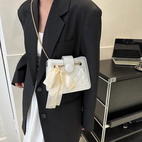 Women Quilted PU Leather Shoulder Bag With Satin Bow Gold Chain Strap Crossbody Bag Elegant French Style Small Square Bag