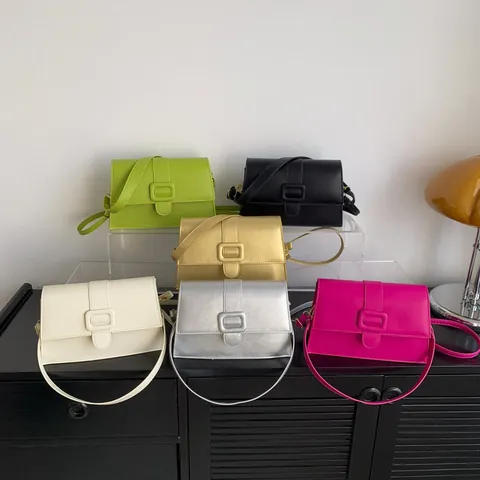 Women Vintage PU Leather Small Square Crossbody Bag Solid Color Shoulder Bag With Large Buckle Fashion Party Daily Handbag