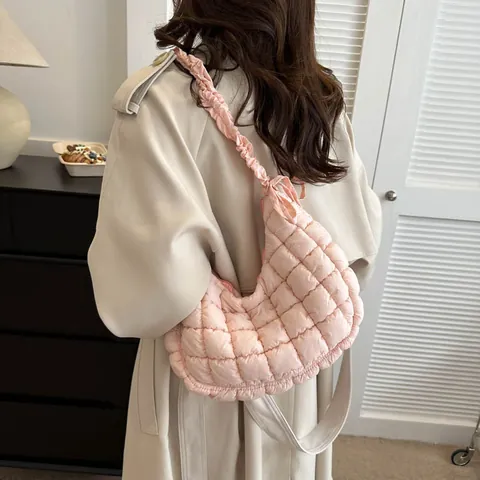 Women Oxford Cloth Quilted Puffer Cloud Shoulder Bag Ruched Strap Crescent Dumpling Crossbody Bag Large Capacity Fashion Purse
