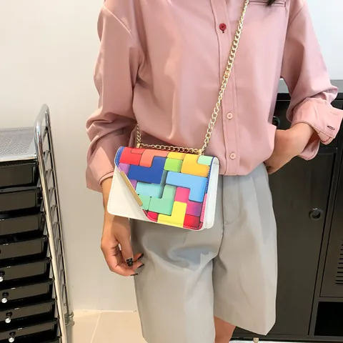 Damen Geometrische Patchwork Kettenschultertasche PU Leder Tetris Stil Farbblock Umhängetasche Nische Trendige Kleine Handtasche