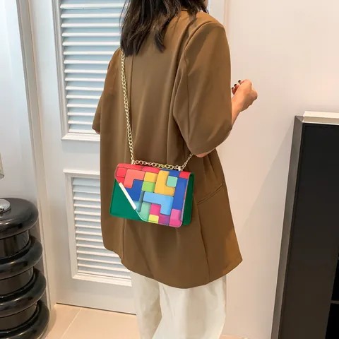 Women Color Block Geometric Crossbody Bag PU Leather Stitched Shoulder Bag Chain Strap Fashion Square Bag Trendy Handbag Everyday Styling Accessory