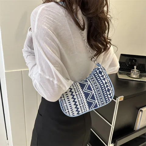 Women Ethnic Boho Canvas Underarm Bag Vintage Geometric Jacquard Shoulder Bag With Metal Chain Zipper Daily Small Square Bag