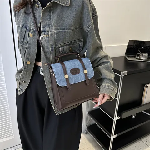 Damen Retro Kontrast PU Leder Denim Patchwork Kleiner Rucksack Handtasche Lässige Quadratische Schultasche Reise Umhängetasche