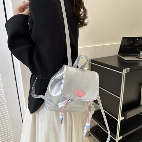 Fashion Women Mini Backpack PU Leather Contrast Denim Patchwork Small Rucksack With Beaded Drawstring Street Style Daily Bag