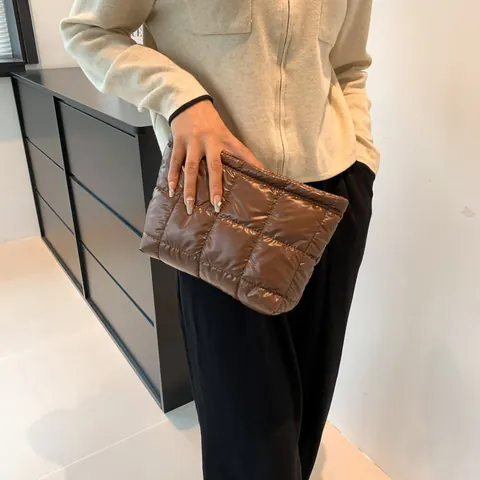 Dames Koreaanse Stijl Gevoerde Puffer Clutch Tas Vintage Geruite Vierkante Handtas Casual Effen Kleur Rits Cosmetische Opbergtas