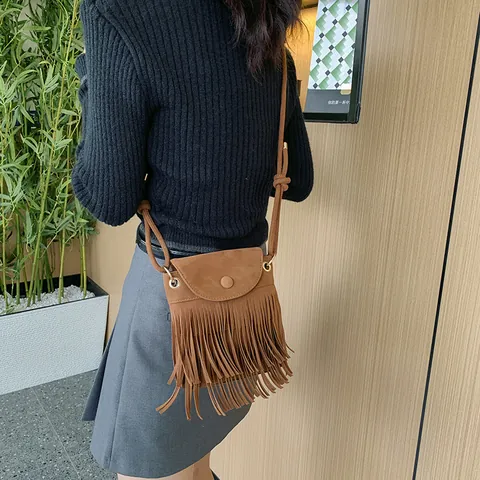 Borsa a Tracolla Vintage Donna con Frange in Pelle Scamosciata PU Borsa Quadrata Piccola Stile Bohémien Quotidiano