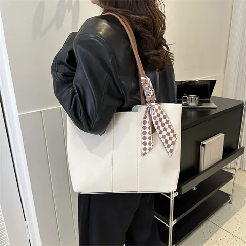 Women Large Capacity PU Leather Tote Bag With Decorative Scarf Minimalist Commute Shoulder Bag For Daily Office Use