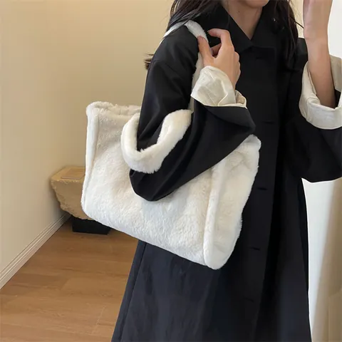 Bolso Tote de Peluche Vintage para Mujer Piel Sintética Gran Capacidad Bolso de Hombro Color Sólido Otoño Invierno Mano Mujer