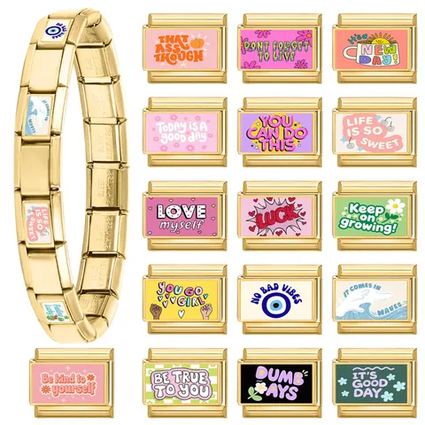 Maillons De Bracelet Italian Charm En Acier Inoxydable Plaqué Or Breloques Modulaires DIY Avec Citations Motivationnelles