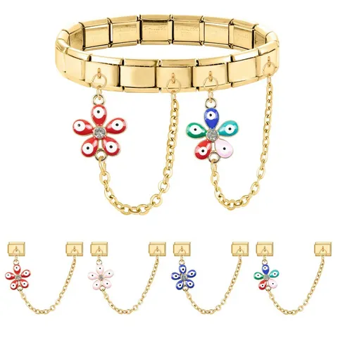Stainless Steel Italian Charm Link With Evil Eye Flower Dangle Enamel Zirconia DIY Jewelry Accessory For Bracelet