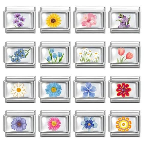Stainless Steel Italian Charm Bracelet Links Floral Flower Pattern DIY Jewelry Making Charms Modular Bracelet Accessories