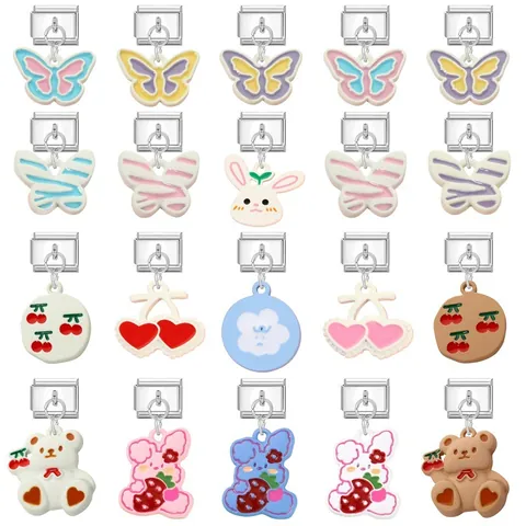 Cartoon Italian Charm Bracelet Links Stainless Steel Dangle Charms For DIY Jewelry Making Butterfly Rabbit Bear Cherry Enamel Links