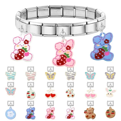 Cartoon Italian Charm Bracelet Links Stainless Steel Dangle Charms For DIY Jewelry Making Butterfly Rabbit Bear Cherry Enamel Links