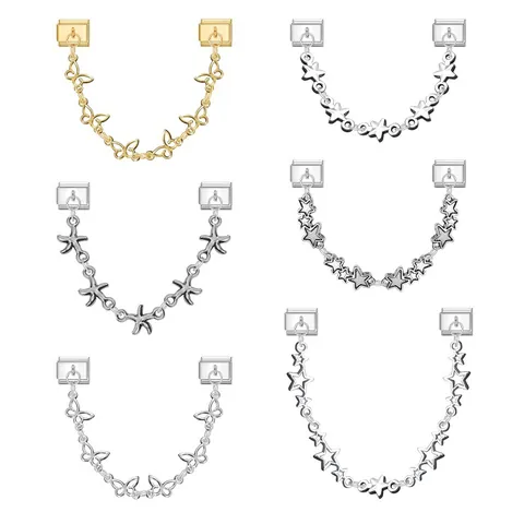 Stainless Steel Italian Charm Bracelet Link Butterfly Star Starfish Pendant Double Hanging DIY Jewelry Accessory For Women