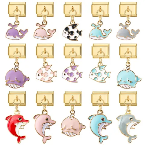 Gold Plated Stainless Steel Marine Animal Charms DIY Italian Bracelet Jewelry Accessories Whale Dolphin Fish Enamel Links