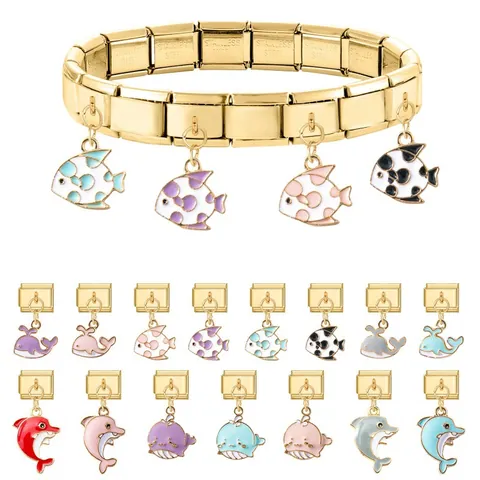 Gold Plated Stainless Steel Marine Animal Charms DIY Italian Bracelet Jewelry Accessories Whale Dolphin Fish Enamel Links